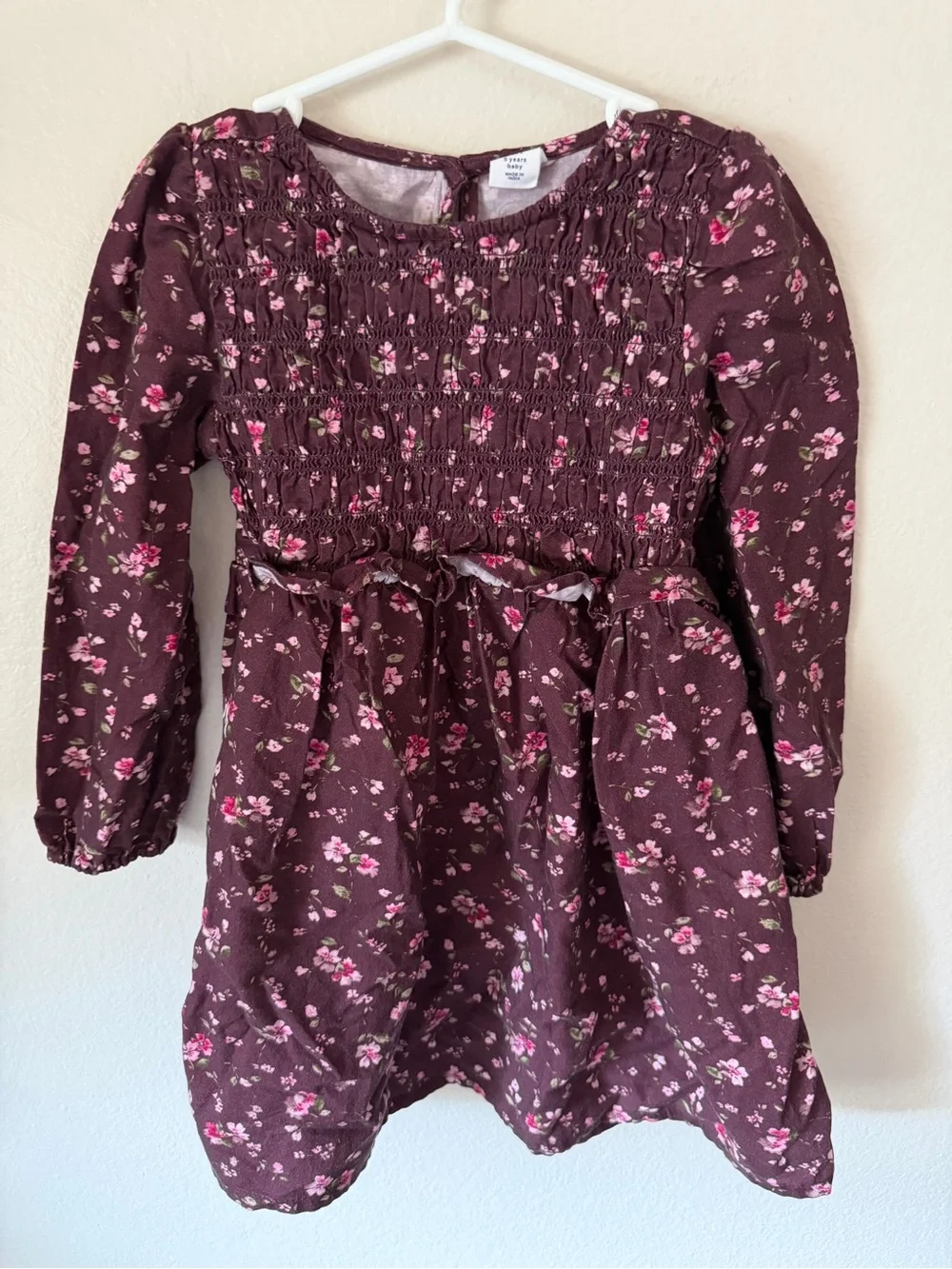 GAP Girls Burgundy Floral Smocked Long-Sleeve Dress